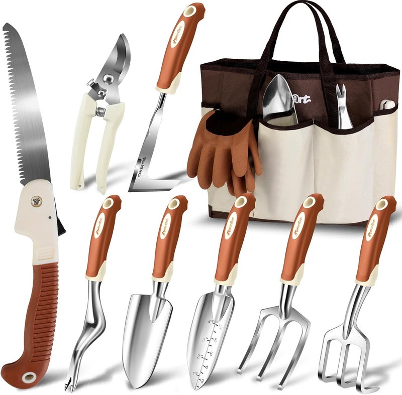 MelonArt Garden Tool Set,10 Pcs Heavy Duty Gardening Hand Tool Kit for Women Aluminum with Non Slip Ergonomic Handle, Storage Tote Bag and Gardening Gloves, Ideal Gifts for Women and Men - Image 1